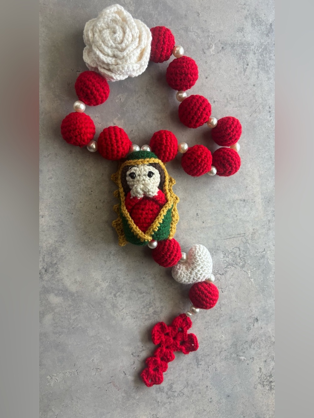 Crochet Virgin Mary Car Hanger Red and White design